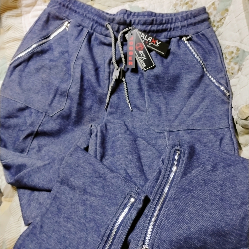 Galaxy By Harvic Heather Blue Jogger Pants with Zipper Details